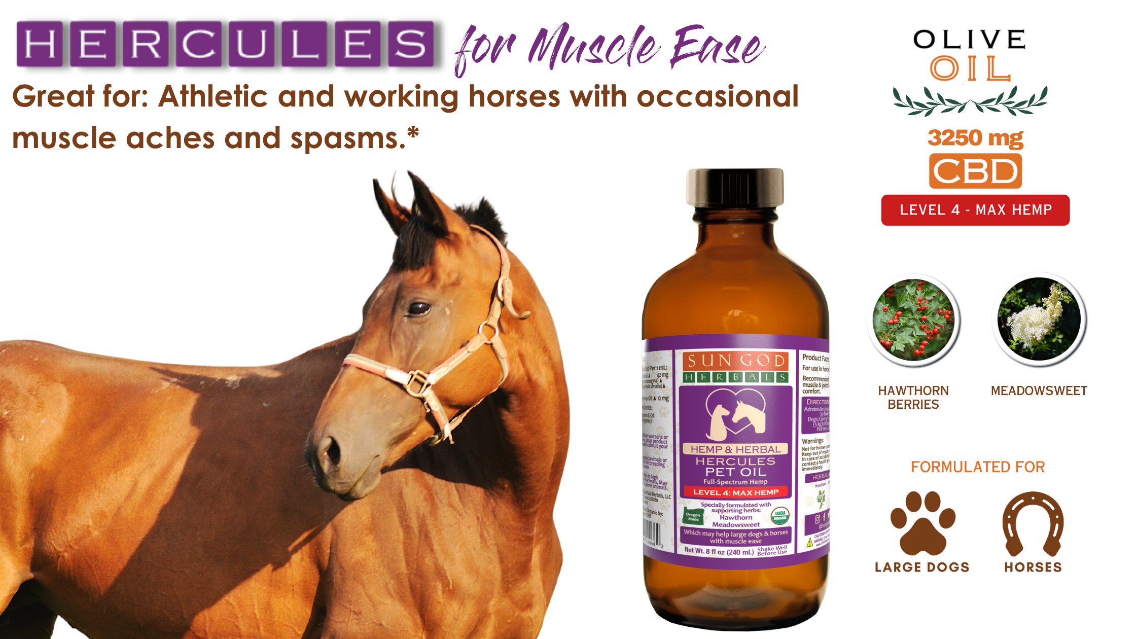 Organic Hercules Muscle Relief Hemp Pet Oil-Level 4 Max Hemp: for Horses and Large Dogs